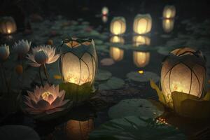 lotus lantaarns drijvend Aan rivier- met kaars licht achtergrond, Boeddha purnima vesak dag. generatief ai foto