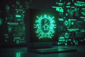 computer virus achtergrond. malware, ransomware, spam, phishing, gehackt of aanval computer concept. generatief ai foto