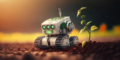 slim robot boer merkt op en controleren groei fabriek achtergrond, landbouw technologie concept. gemaakt generatief ai foto