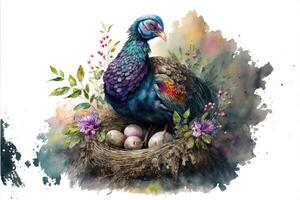 ai gegenereerd moeder kalkoen zit Aan de nest en Pasen eieren. waterverf schilderen. foto