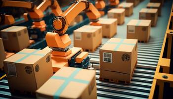 robot armen werken met karton dozen Aan transportband riem in magazijn voor Product opslagruimte en logistiek, generatief ai foto