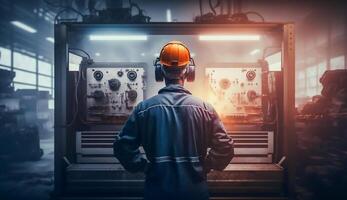 ingenieur controleren en controle lassen robotica automatisch armen machine, slim modern fabriek automatisering gebruik makend van Geavanceerd machines, industrieel 4.0 fabricage werkwijze, generatief ai foto