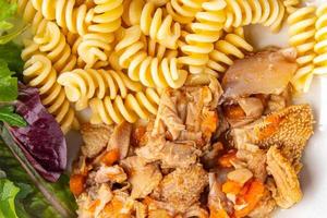 vlees pens pasta pasta fusilli vers klaar naar koken gezond maaltijd voedsel tussendoortje Aan de tafel kopiëren ruimte voedsel achtergrond rustiek foto
