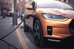 elektrisch auto Bij opladen station met aangesloten macht kabel. ev voertuig in stad. gemaakt met generatief ai foto