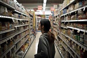 vrouw staand in supermarkt interieur tussen schappen en kiezen producten. gemaakt met generatief ai foto