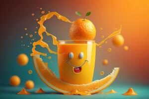 vrolijk glas van oranje sap karakter glimlachen achtergrond. fris oranje sap. gemaakt generatief ai foto