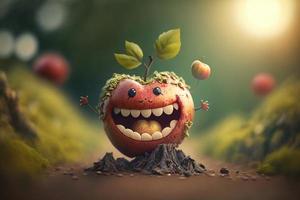 blij appel karakter lachen in fantasie wereld achtergrond. gemaakt generativa ai foto