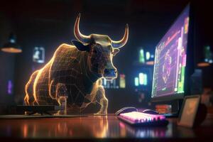 stier handel met computer met diagram Aan scherm, bullish in voorraad markt en crypto munteenheid. gemaakt generatief ai foto