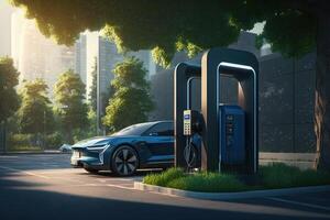 elektrisch auto is opladen Bij de oplader station. ev auto futuristische voertuig concept. generatief ai foto