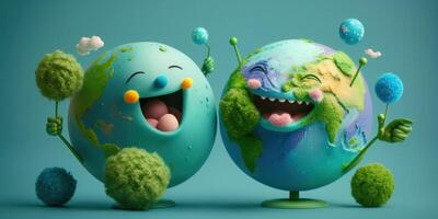 blij aarde karakter lachen Aan blauw achtergrond, gelukkig aarde dag, wereld gelach dag. generatief ai foto