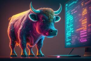 stier handel met computer, bullish in voorraad markt en crypto munteenheid. generatief ai foto