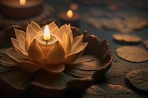 lotus bloem met kaars licht achtergrond, Boeddha purnima vesak dag. generatief ai foto
