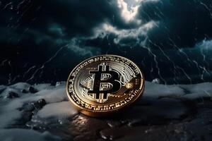 bitcoin met donder storm achtergrond, crypto valuta investering concept. generatief ai foto