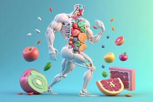 fruit vormen een menselijk lichaam metabolisme en voeding, aan het eten eetpatroon voedsel voor energie en spijsvertering. generatief ai foto