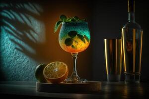 een glas van cocktail met gloeiend licht achtergrond. gemaakt generatief ai foto