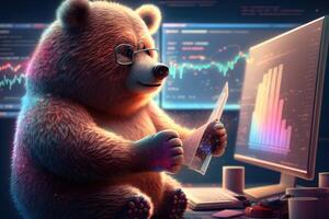 schattig beer met computer, bearish in voorraad markt en crypto munteenheid. generatief ai foto