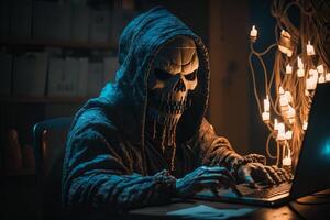 met een kap hacker met masker gebruik makend van laptop breken of aanval in gegevens server. hacken, codering of malware concept. generatief ai foto