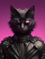 portret van kat vervelend zwart jasje Aan roze achtergrond. gemaakt generatief ai foto