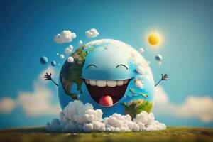 schattig aarde karakter lachen Aan blauw lucht achtergrond, gelukkig aarde dag, wereld gelach dag. generatief ai foto
