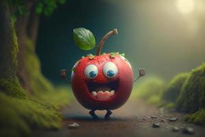 blij appel karakter lachen in fantasie wereld achtergrond. gemaakt generativa ai foto