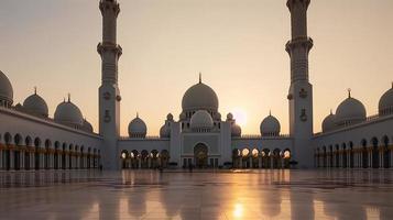 abu dhabi, vae, sjeik zayed groots moskee in de abu dhabi, Verenigde Arabisch emiraten Aan een zonsondergang visie achtergrond. foto