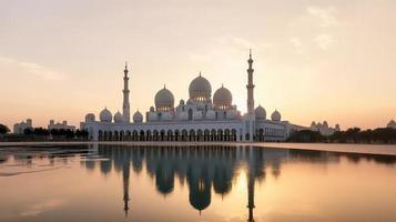 abu dhabi, vae, sjeik zayed groots moskee in de abu dhabi, Verenigde Arabisch emiraten Aan een zonsondergang visie achtergrond. foto