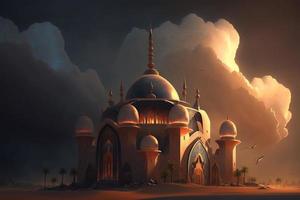een moskee in de woestijn met wolken in de achtergrond foto