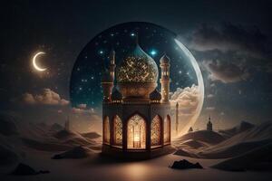 lantaarn moskee in de midden- van de woestijn met maan wolk Bij nacht achtergrond ai gegenereerd foto