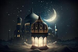 Islamitisch lantaarn Bij nacht moskee en een maan in de achtergrond ai gegenereerd foto