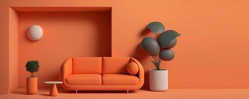 huiskamer interieur met oranje sofa en Doorzichtig kamer, generatief ai foto