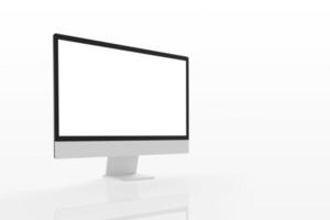 modern computer Scherm Aan wit oppervlakte met reflectie. geïsoleerd scherm voor web bladzijde mockup Promotie foto