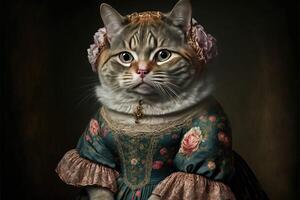 portret van kat in een Victoriaans jurk. ai gegenereerd foto