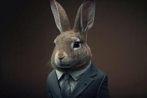 ai gegenereerd portret van konijn zakenman. dier hoofd in bedrijf pak. foto