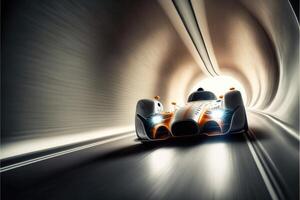 ai gegenereerd sport racing auto is rennen Bij hoog snelheid in verlichte weg tunnel 3d. foto