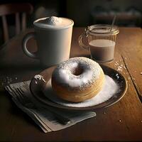 suiker poeder donut en koffie ai gegenereerd foto