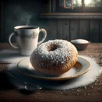 suiker poeder donut en koffie ai gegenereerd foto