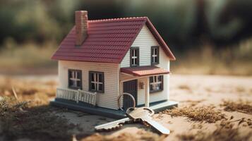 miniatuur huis met sleutels Aan houten achtergrond. echt landgoed concept., ai gegenereerd artwork foto