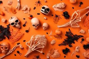 top visie Aan spookachtig halloween motieven met botten plastic spinnen pompoenen en vleermuizen Aan een oranje oppervlakte gemaakt met generatief ai technologie. foto