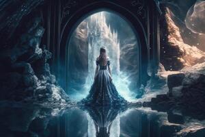 een prinses in een lang blauw jurk looks uit van de venster Bij haar sprookje kasteel gemaakt met generatief ai technologie. foto