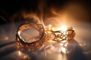 twee bruiloft ringen gemaakt van licht en energie gemaakt met generatief ai technologie. foto