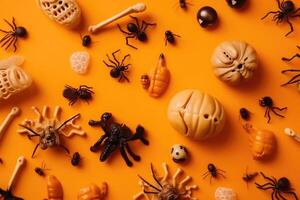 top visie Aan spookachtig halloween motieven met botten plastic spinnen pompoenen en vleermuizen Aan een oranje oppervlakte gemaakt met generatief ai technologie. foto