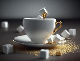 twee suiker kubussen vallend in een wit koffie kop gevulde met vloeistof goud gemaakt met generatief ai technologie. foto