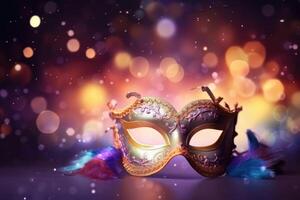 Venetiaanse carnaval masker met glimmend lichten en een onscherp bokeh gemaakt met generatief ai technologie. foto