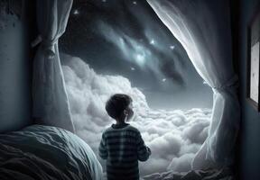 een eenzaam persoon looks omhoog Bij de sterren van de heelal Bij nacht gemaakt met generatief ai technologie. foto