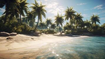 zee kant visie met strand en palm bomen, zomer tafereel ai gegenereerd foto