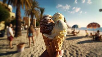 hand- Holding ijs room smaken Aan kust, strand met palm bomen en zomer gevoel ai gegenereerd foto