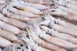 vers groep van inktvis in de lokaal markt foto