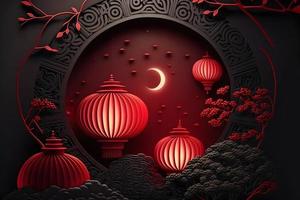 Chinese nieuw jaar achtergrond met lantaarn en voor de helft maan voor Chinese maan- jaar viering, rood lampen, Chinese maan- jaar achtergrond met rood en zwart thema, Chinese rood lantaarn, vrij foto