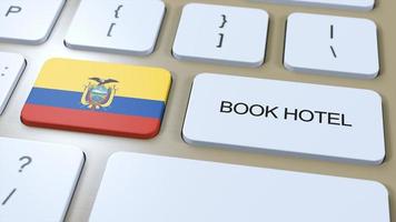 boek hotel in Ecuador met website online. knop Aan computer toetsenbord. reizen concept 3d animatie. boek hotel tekst en nationaal vlag. 3d illustratie foto