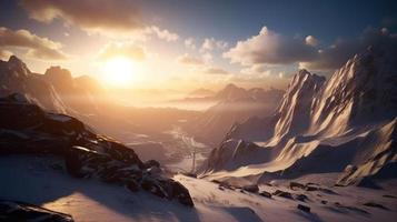 zonsondergang in de bergen. zonsopkomst in de bergen. mooi winter landschap, berg landschap Bij zonsondergang. panoramisch visie van de bergen foto